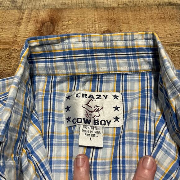 Crazy Cowboy Men's 100% Blue Plaid Western Rodeo Long Sleeve Button Down Sz L - Picture 5 of 5